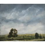 'Landscape of sky and trees' - Dim Yuz, oil on canvas, also signed on the back of the painting,