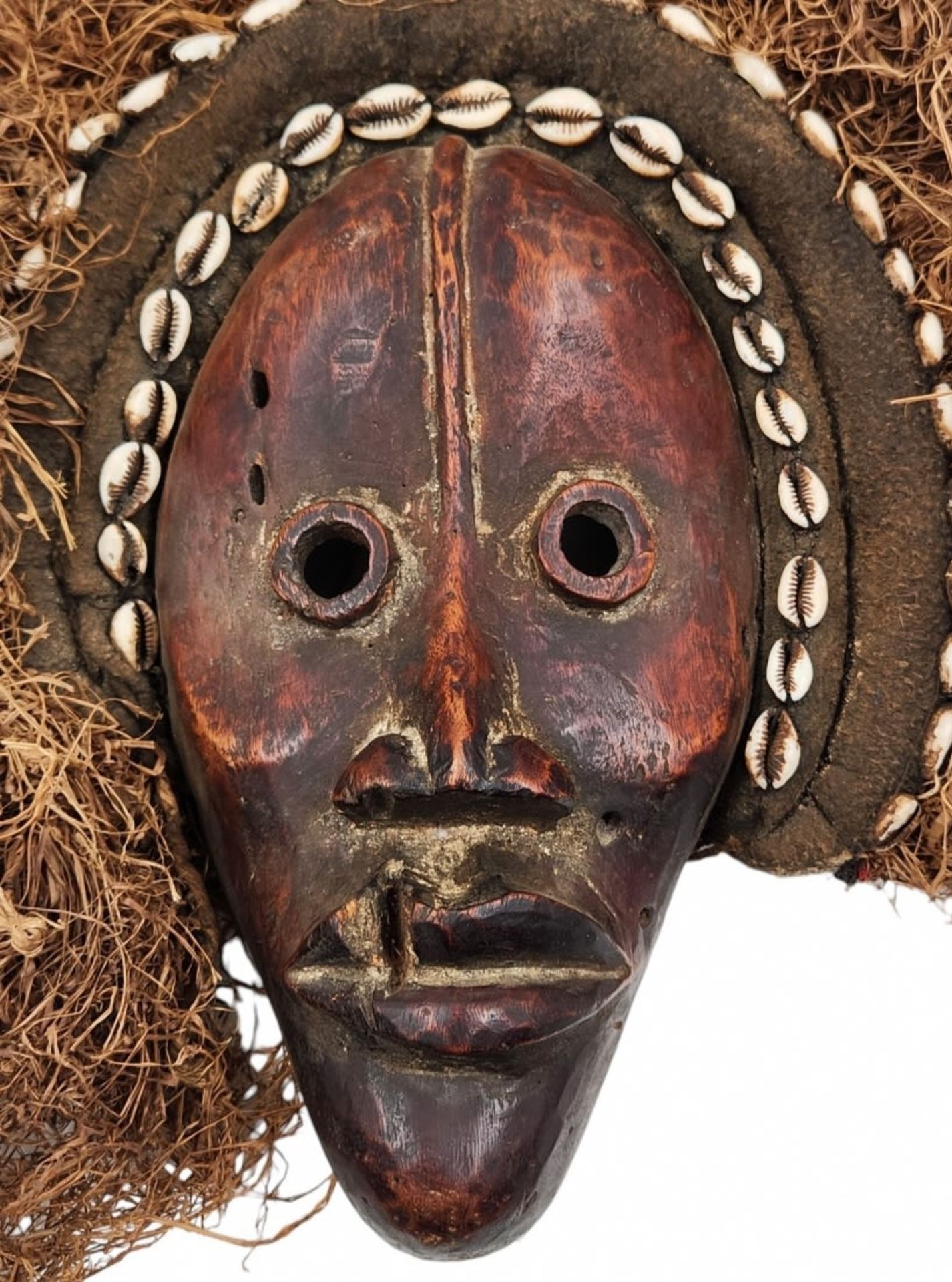Antique African mask - Dan People, made of carved wood and plant fibers, decorated with shells - Image 2 of 3