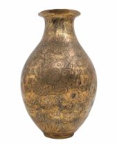 An antique Islamic urn from Mughal Empire period, made of brass, richly decorated with hand-engraved
