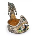 A high-quality and impressive Kovsh, made of silver, decorated with enamel and signed, Total weight: