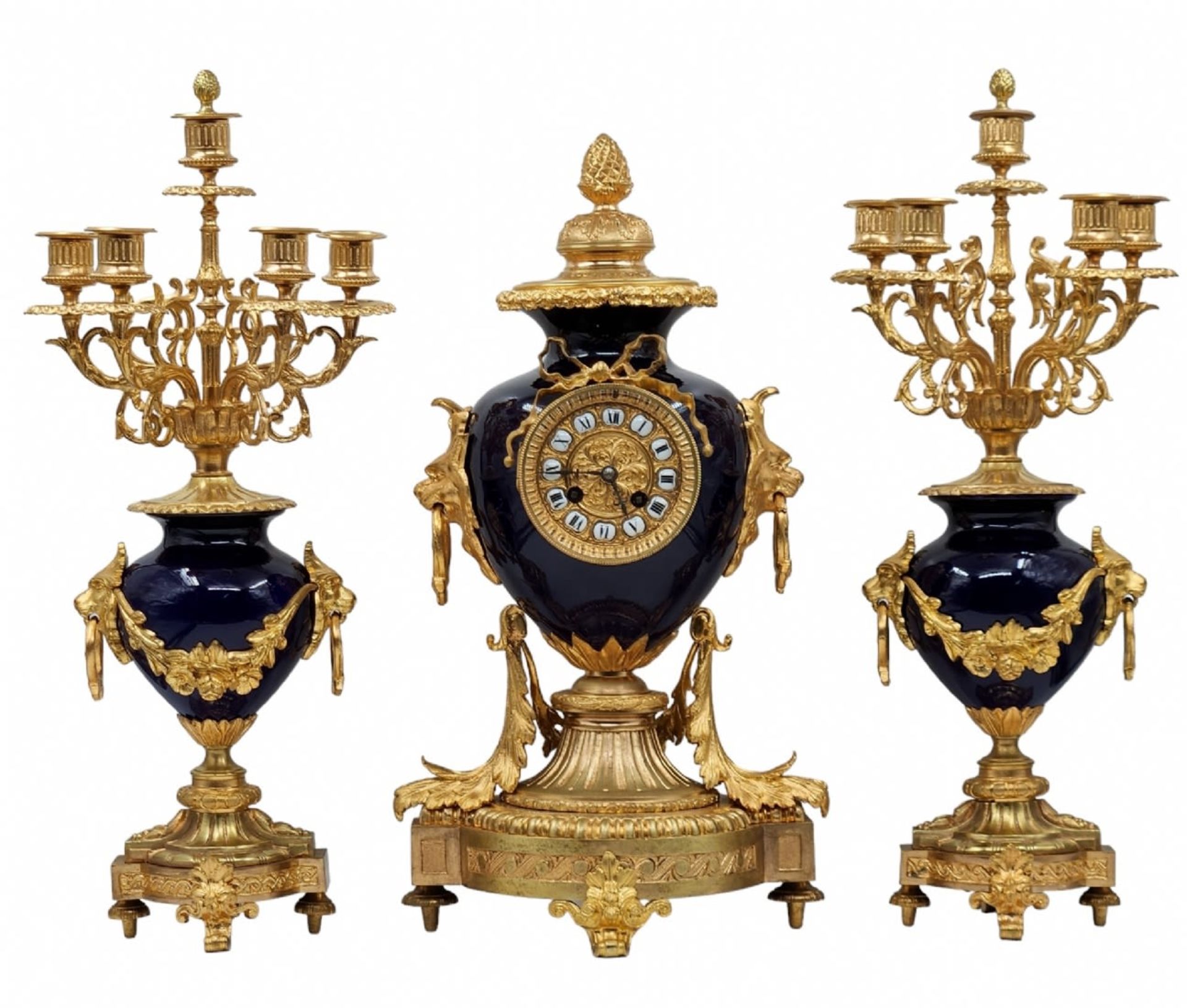 French Garniture set, from the 19th century, louis XVI or Louis XV style, includes: a mantle clock