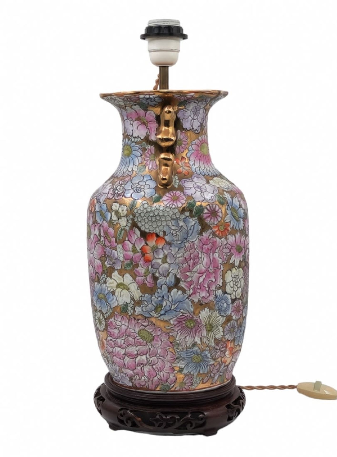 Chinese base (leg) for a table lamp, made of porcelain jug, pink family, decorated with hand-painted