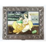 An Indian silver box decorated with a high-quality miniature painting, not signed, the purity of the