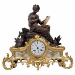 Antique and luxurious French mantel clock, made of cold-painted falter, golden falter and white