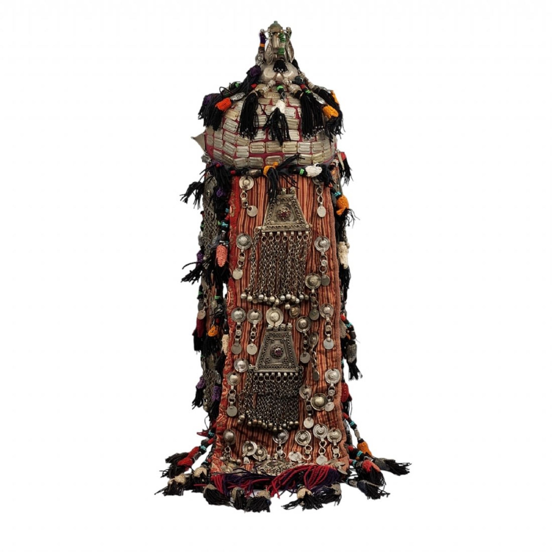Antique Turkmen hat for a bride, 19th century, made of fabric decorated with hammered metal pieces - Image 3 of 4
