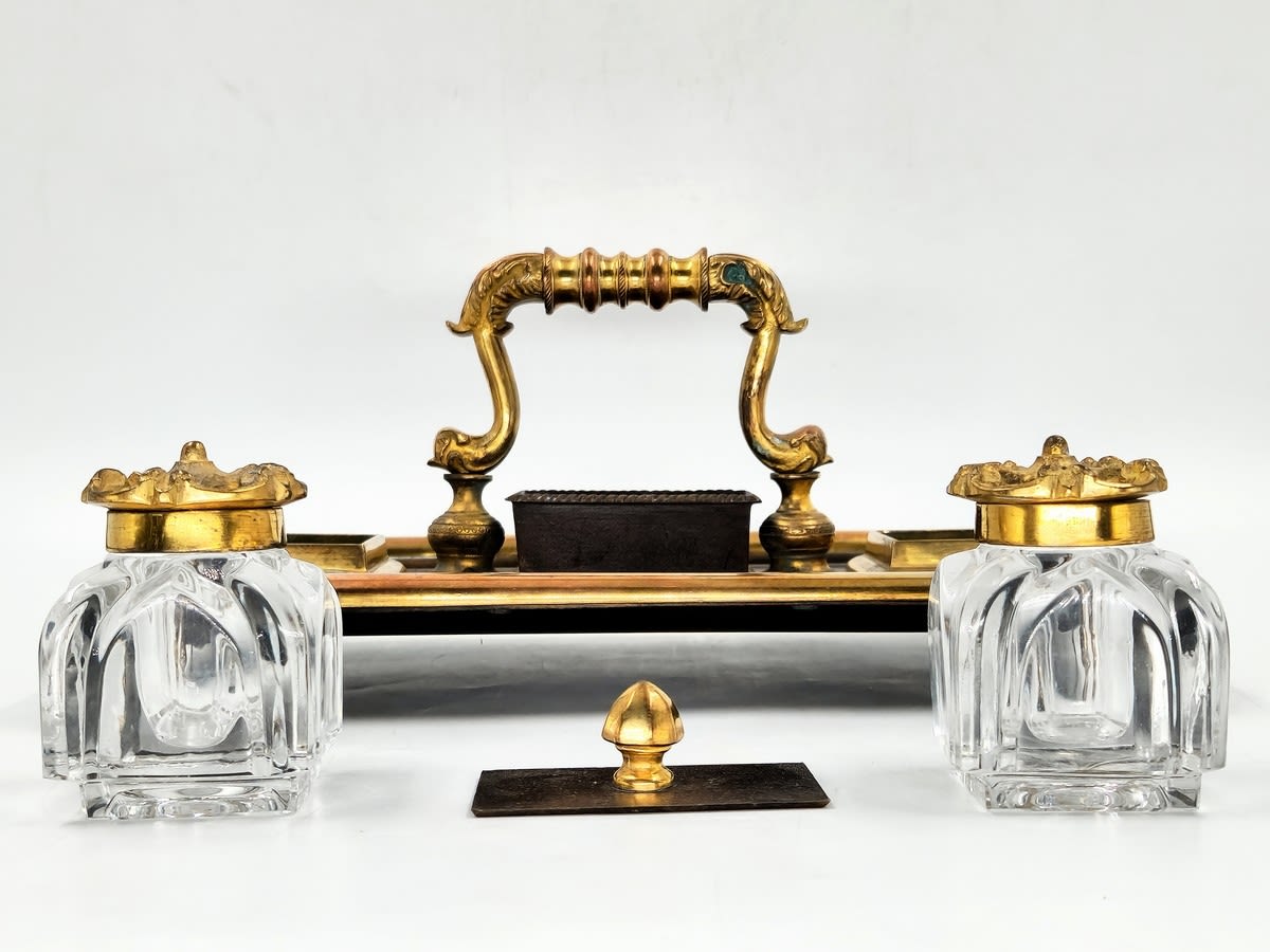 An antique double tabletop inkwell, brass and spelter, the ink wells themselves are made of glass, - Image 2 of 7