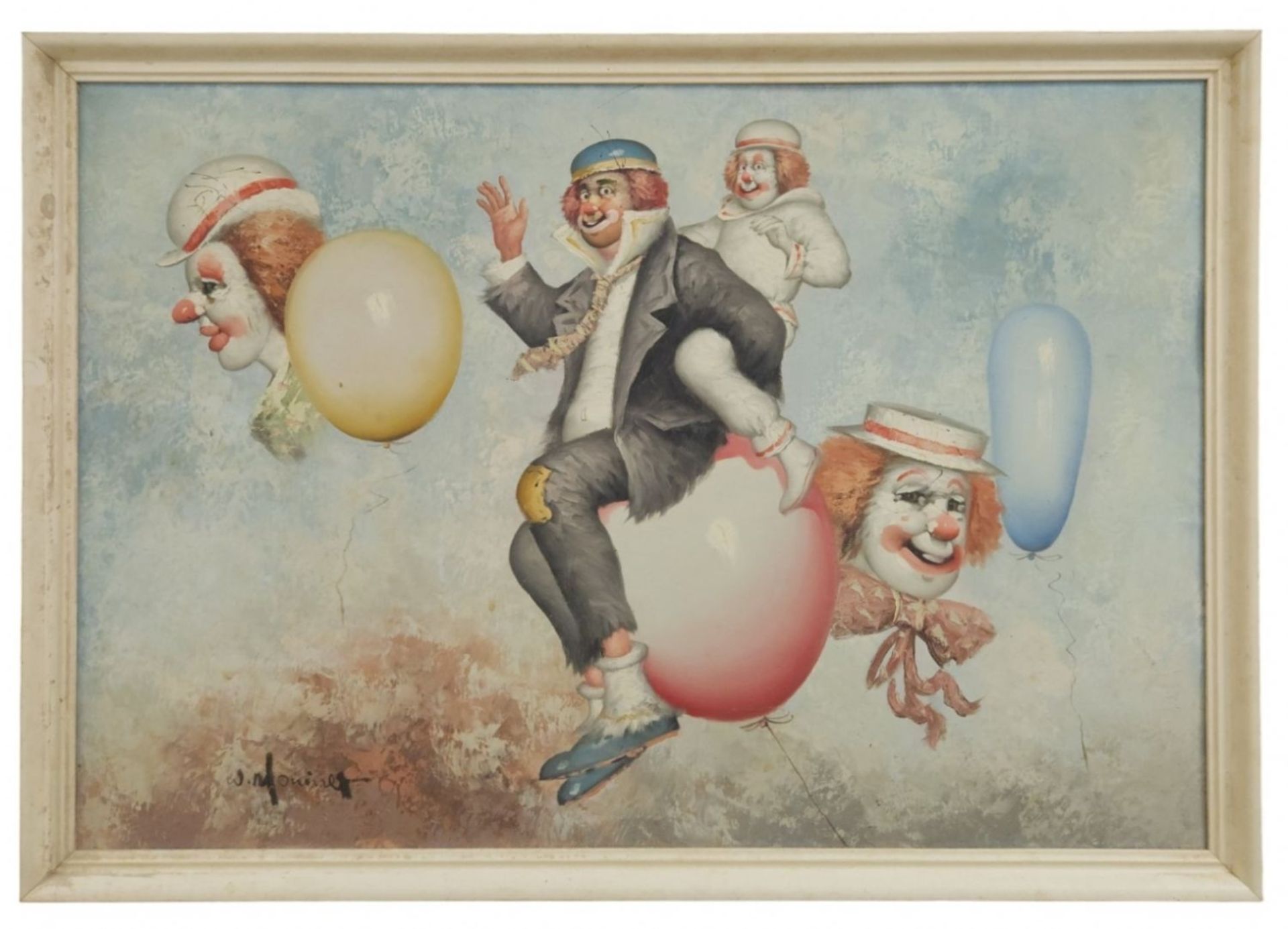 'Clowns and blooming balloons' -William Moninet, (USA 1937-1999), oil on French canvas, signed, - Bild 2 aus 4