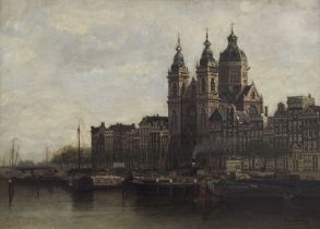 Karel Christiaan Johannes Klinkenberg - 'Boats near a bridge in Amsterdam' -, (Dutch painter, 1852-