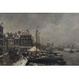 Frans Langeveld'Boats at a snowy pier' -, dutch painter, lived between 1877-1939 , oil on canvas,