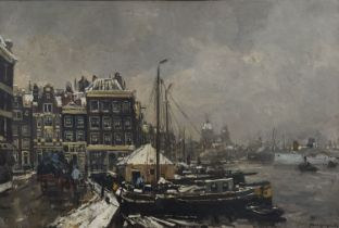 Frans Langeveld'Boats at a snowy pier' -, dutch painter, lived between 1877-1939 , oil on canvas,