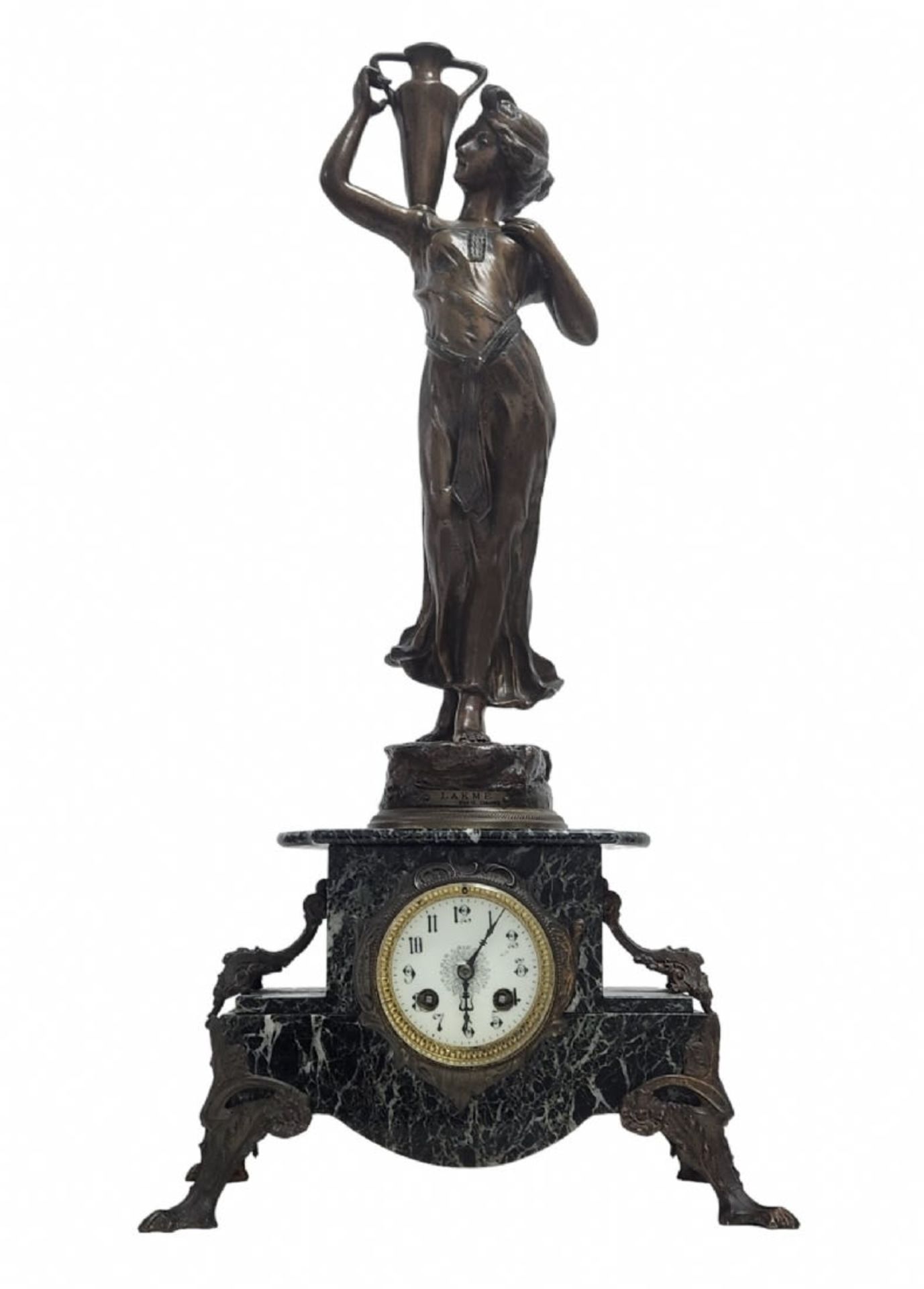 Antique French mantle clock, 19th century, made of mottled Egyptian granite marble and Spelter,