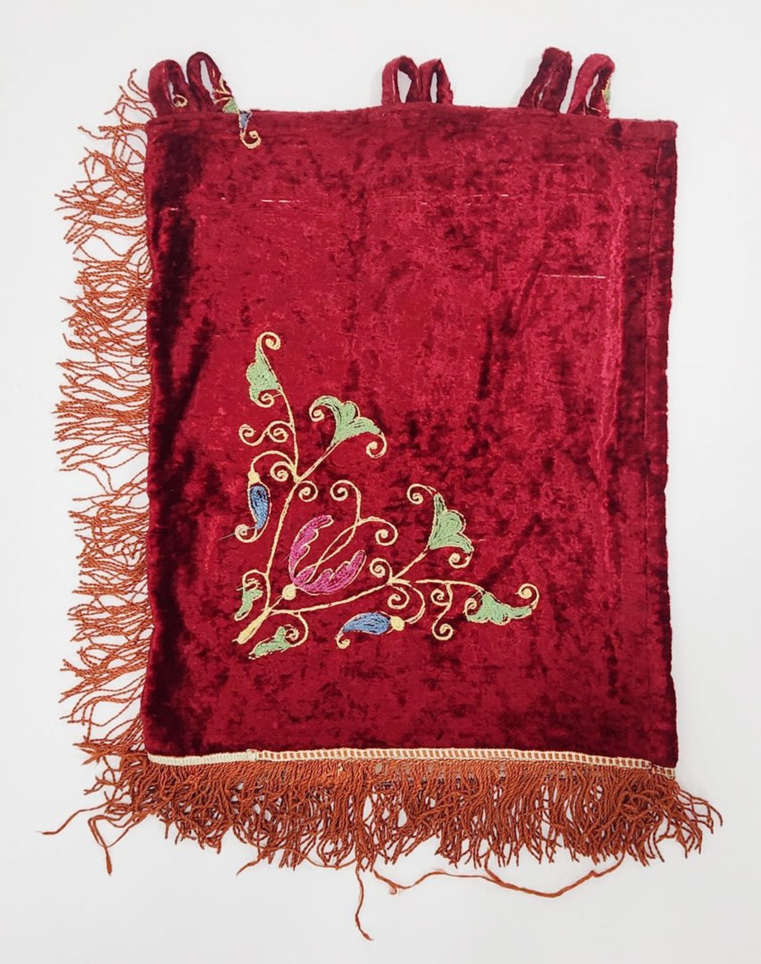 A Torah scroll coat, decorated with cotton thread weaving on red velvet and red fabric strands, - Image 2 of 7