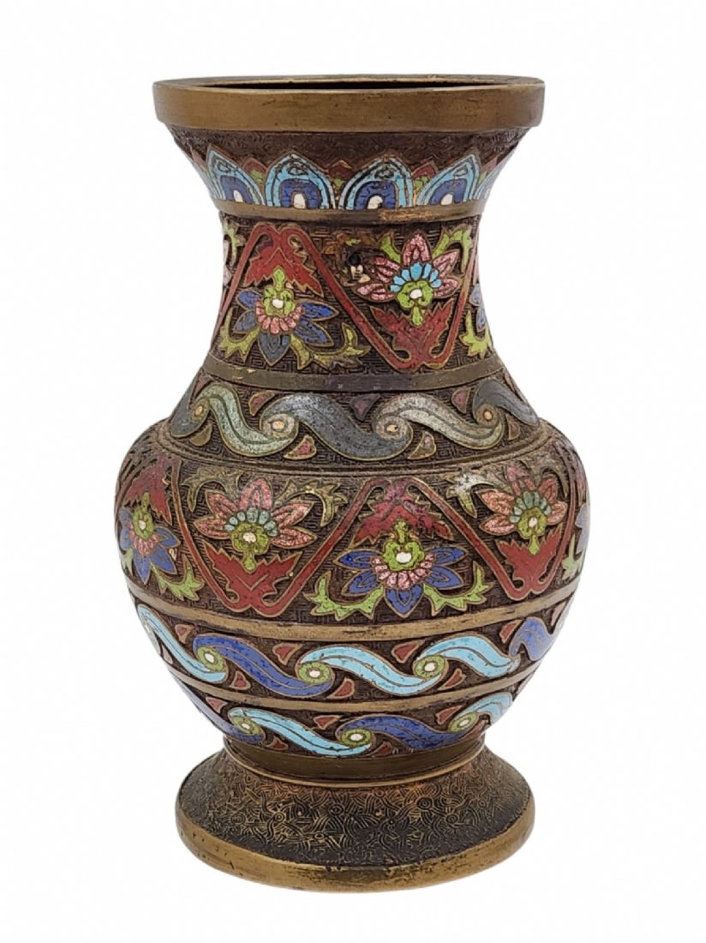 An antique Chinese urn from the 19th century, the urn is made of bronze and 'Champleve' enamel, - Bild 2 aus 7