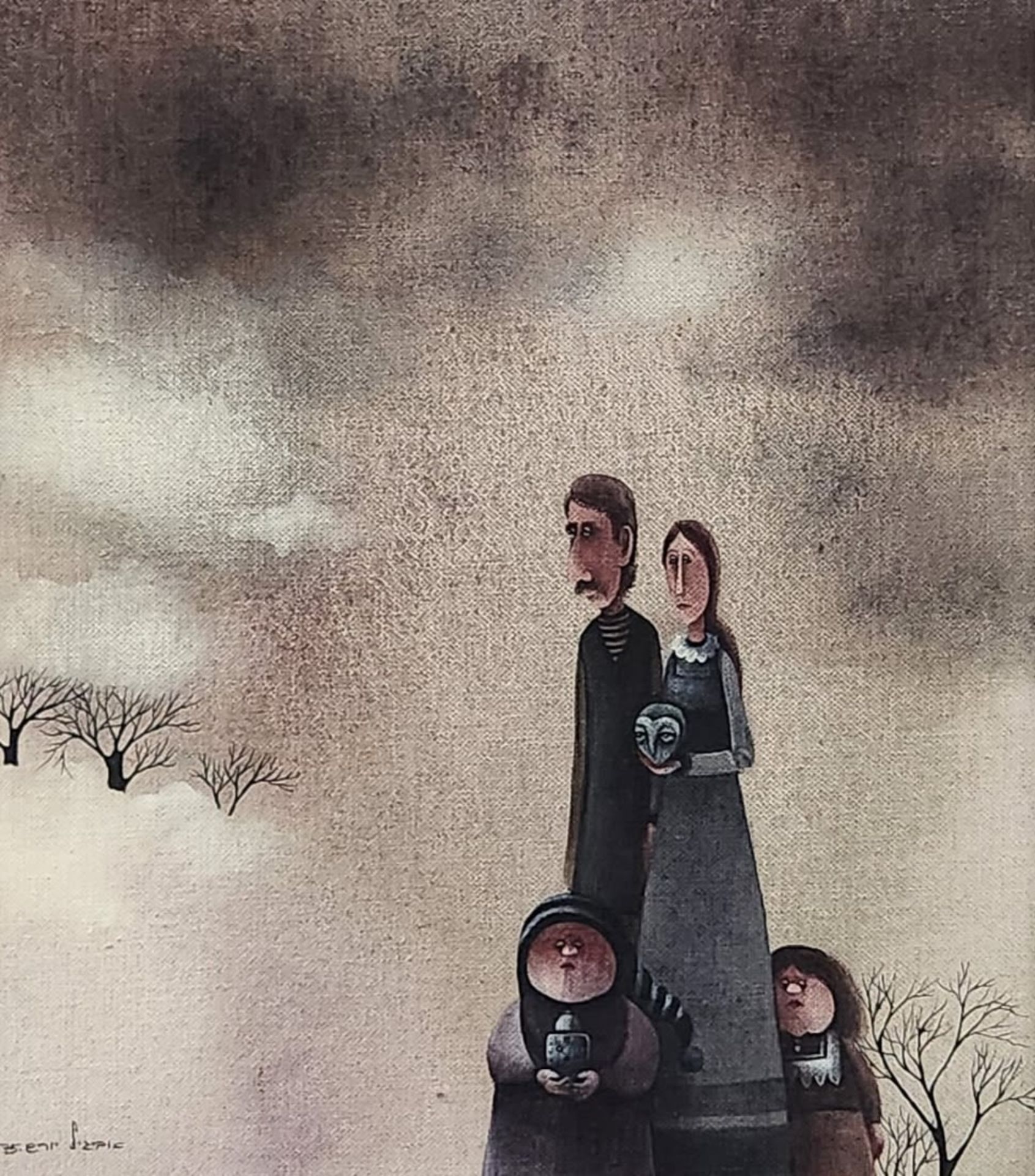 'Family in the snow' - Avigail Yoresh, oil on French canvas, signed and dated 1975, Dimensions: 28.