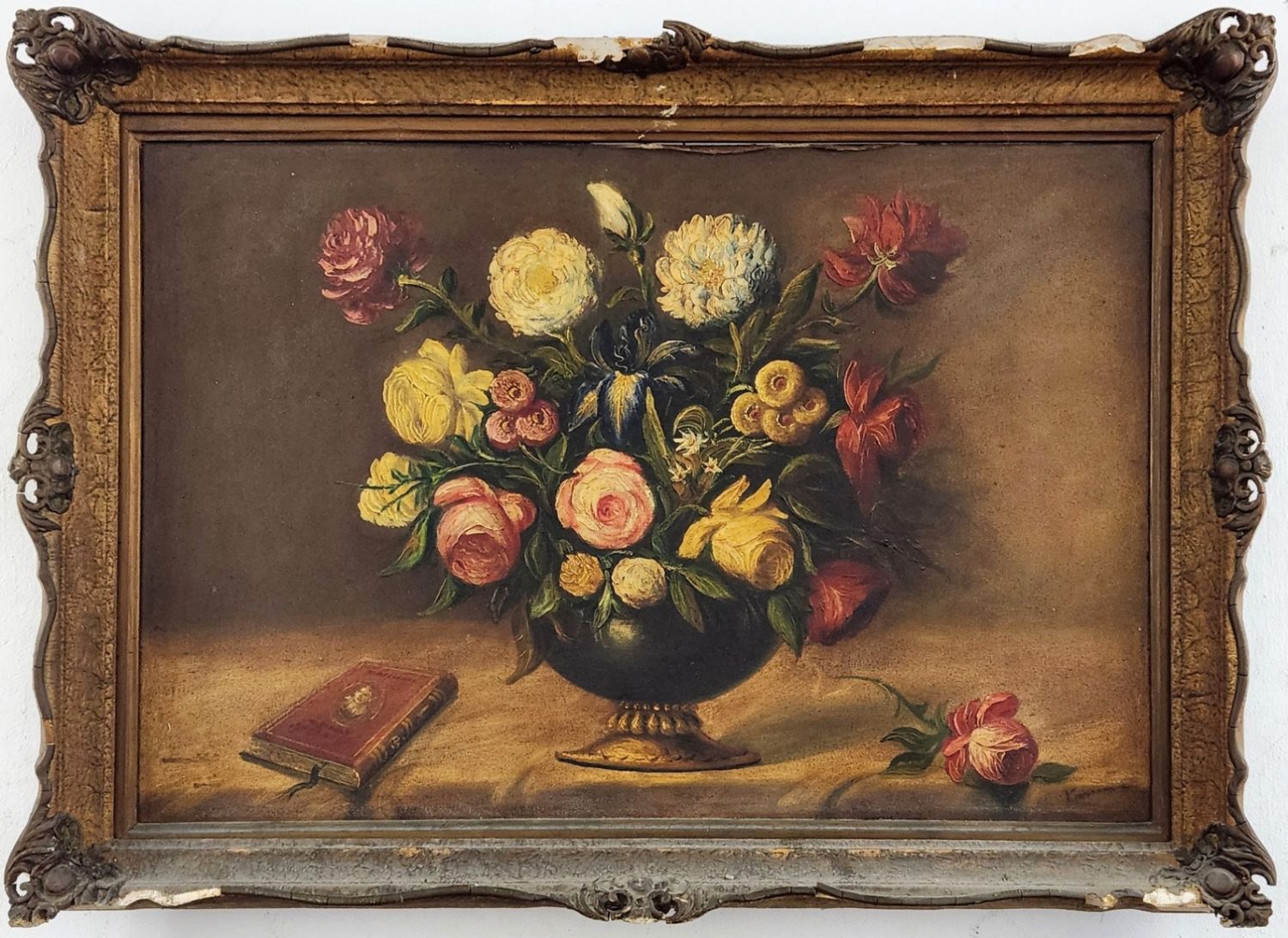 'Still life with a vase of flowers and a book' - antique European painting, oil on canvas, unsigned,