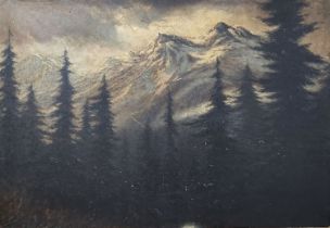 'Landscape of snowy mountain peaks' - antique European painting, oil on cardboard, unsigned,,