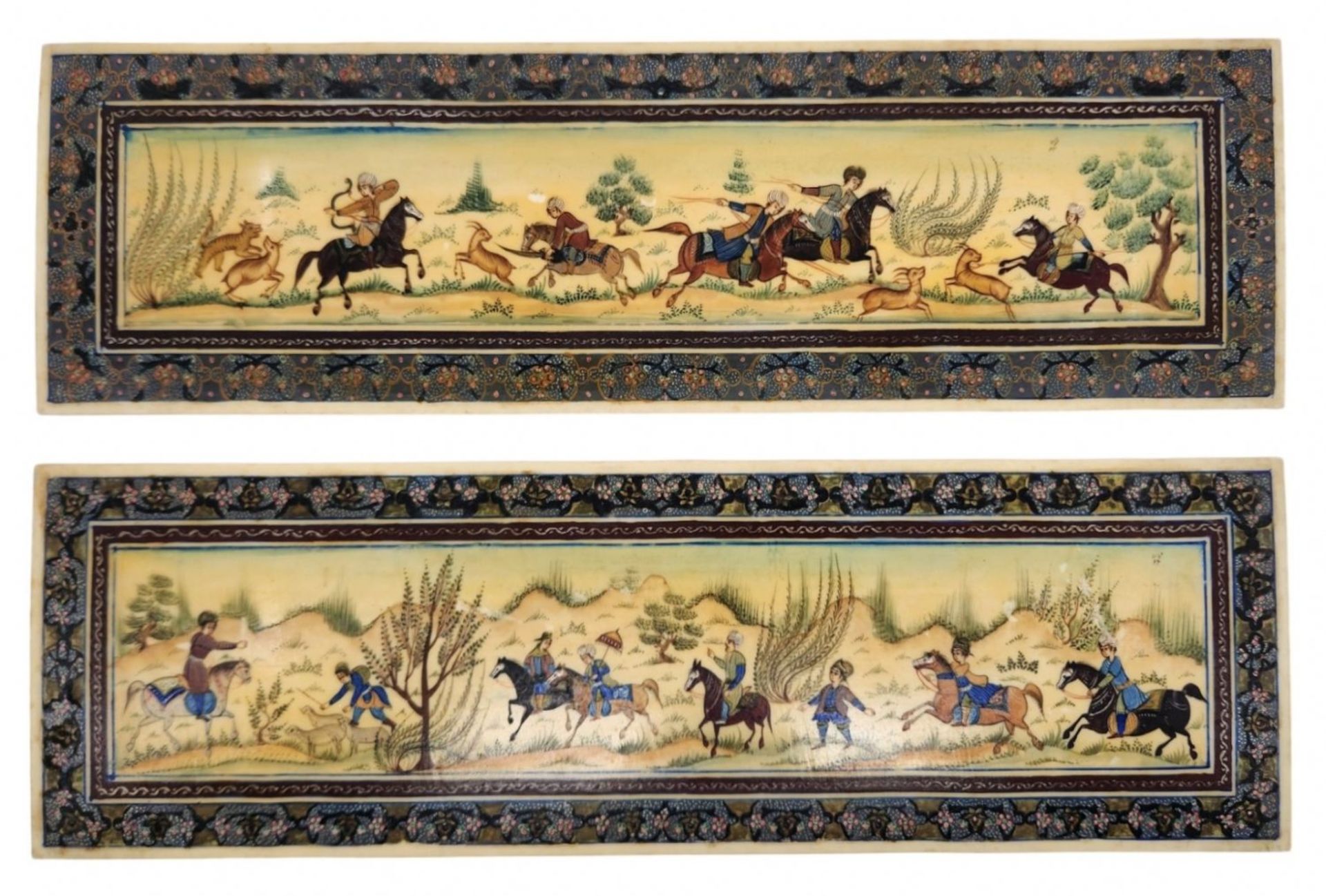 A pair of high-quality hand-painted Persian miniatures on bakelite boards (sheets)., one signed in