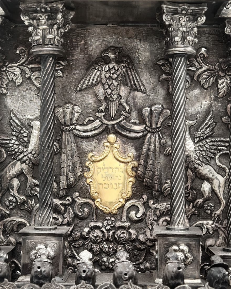 Luxurious and large Hanukkah menorah, very impressive and made from silver in repousse technique., - Image 5 of 13