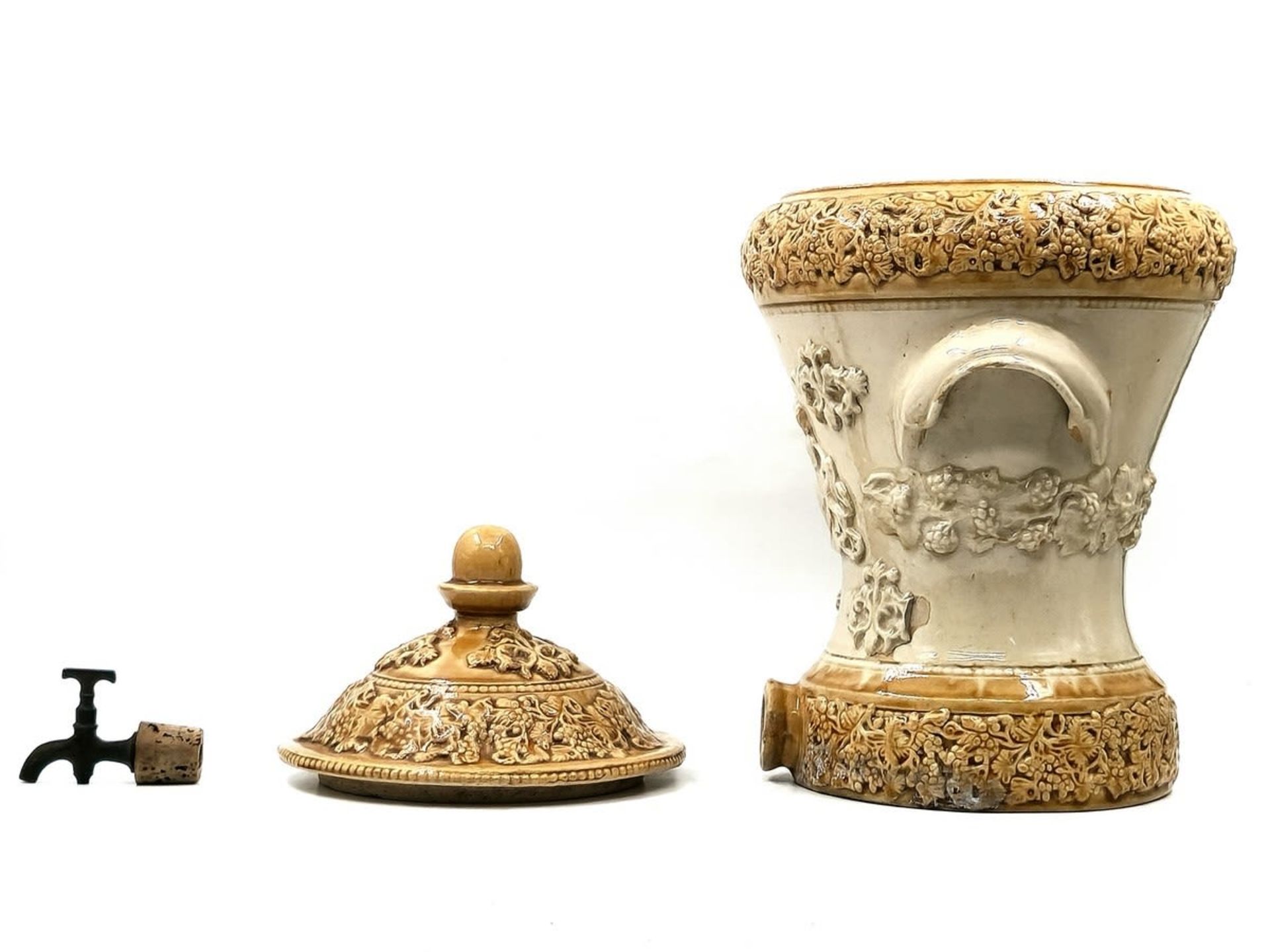 Antique English water tank from the 19th century, made of ceramic, cork stopper and metal faucet, - Image 11 of 11