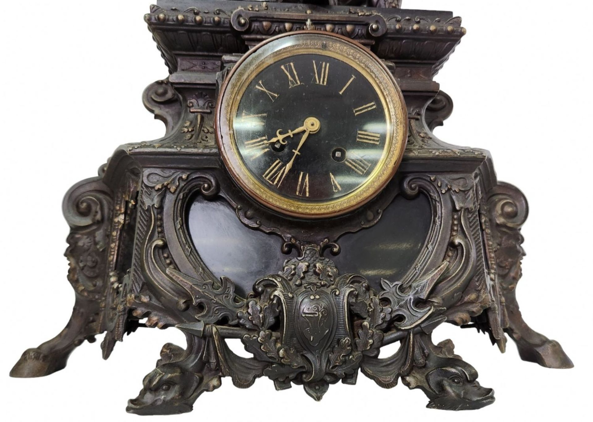 Large antique French mantel clock, magnificent and particularly impressive, made of Spelter, the - Image 12 of 24