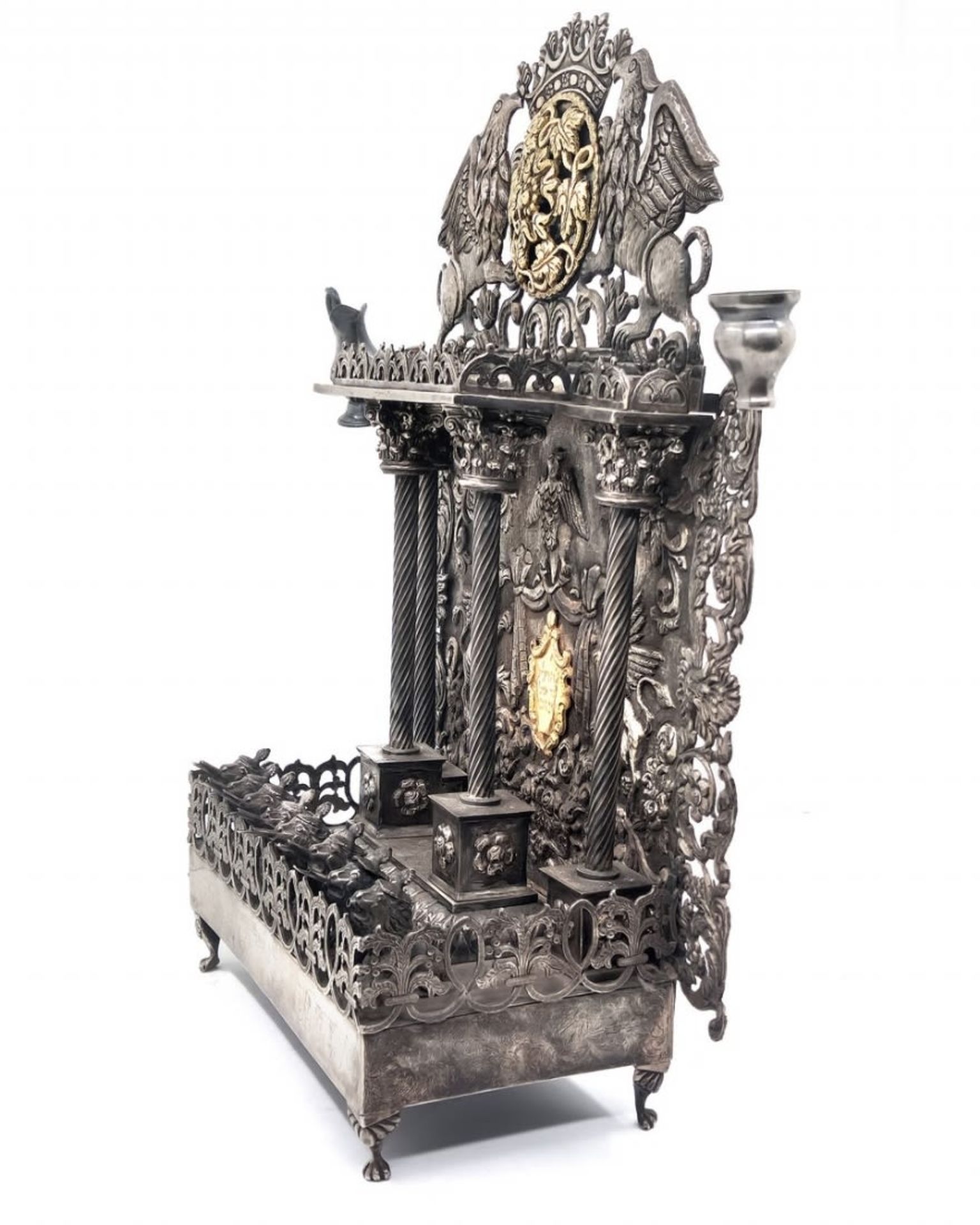 Luxurious and large Hanukkah menorah, very impressive and made from silver in repousse technique., - Bild 3 aus 13