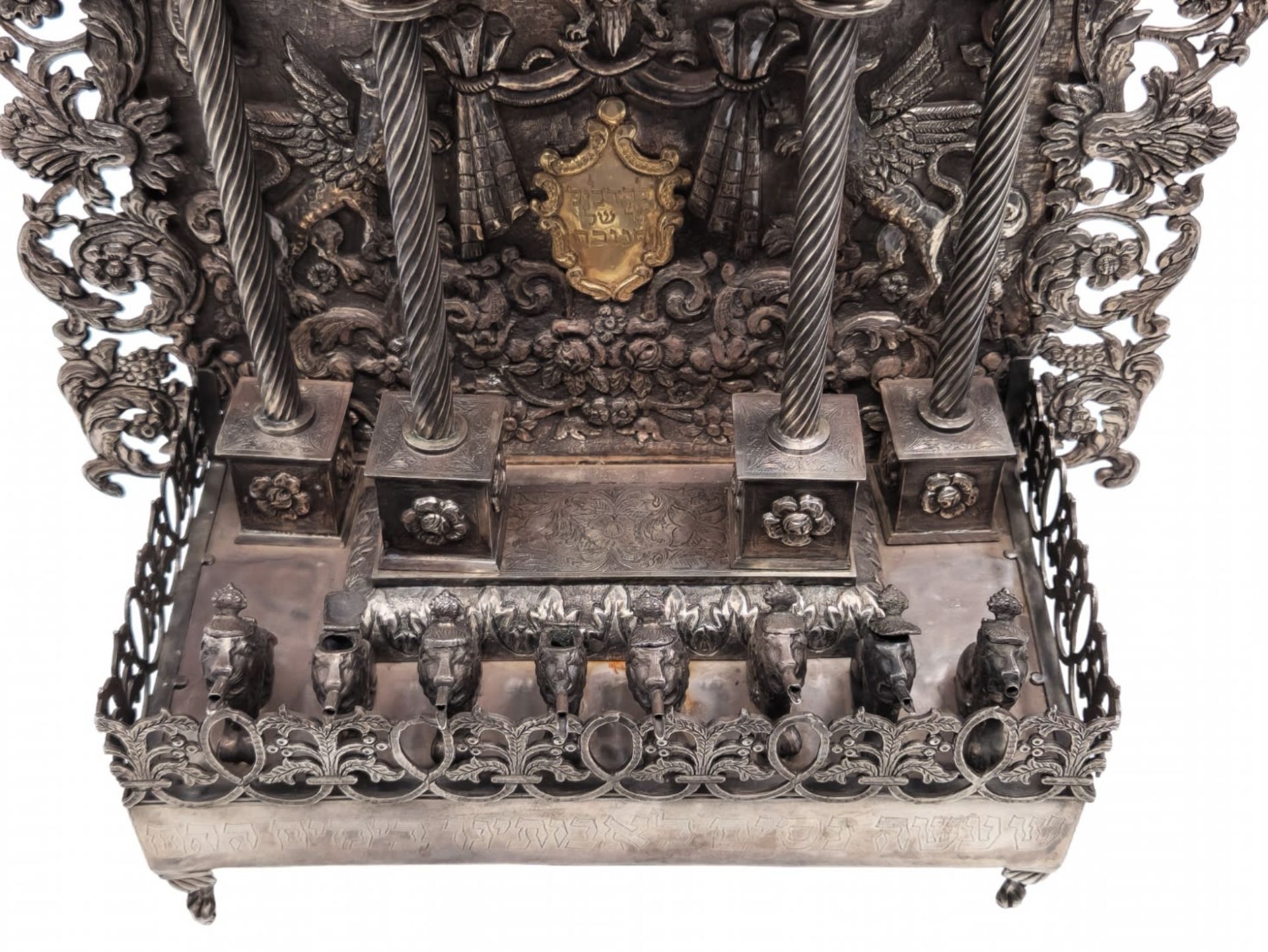 Luxurious and large Hanukkah menorah, very impressive and made from silver in repousse technique., - Image 4 of 13