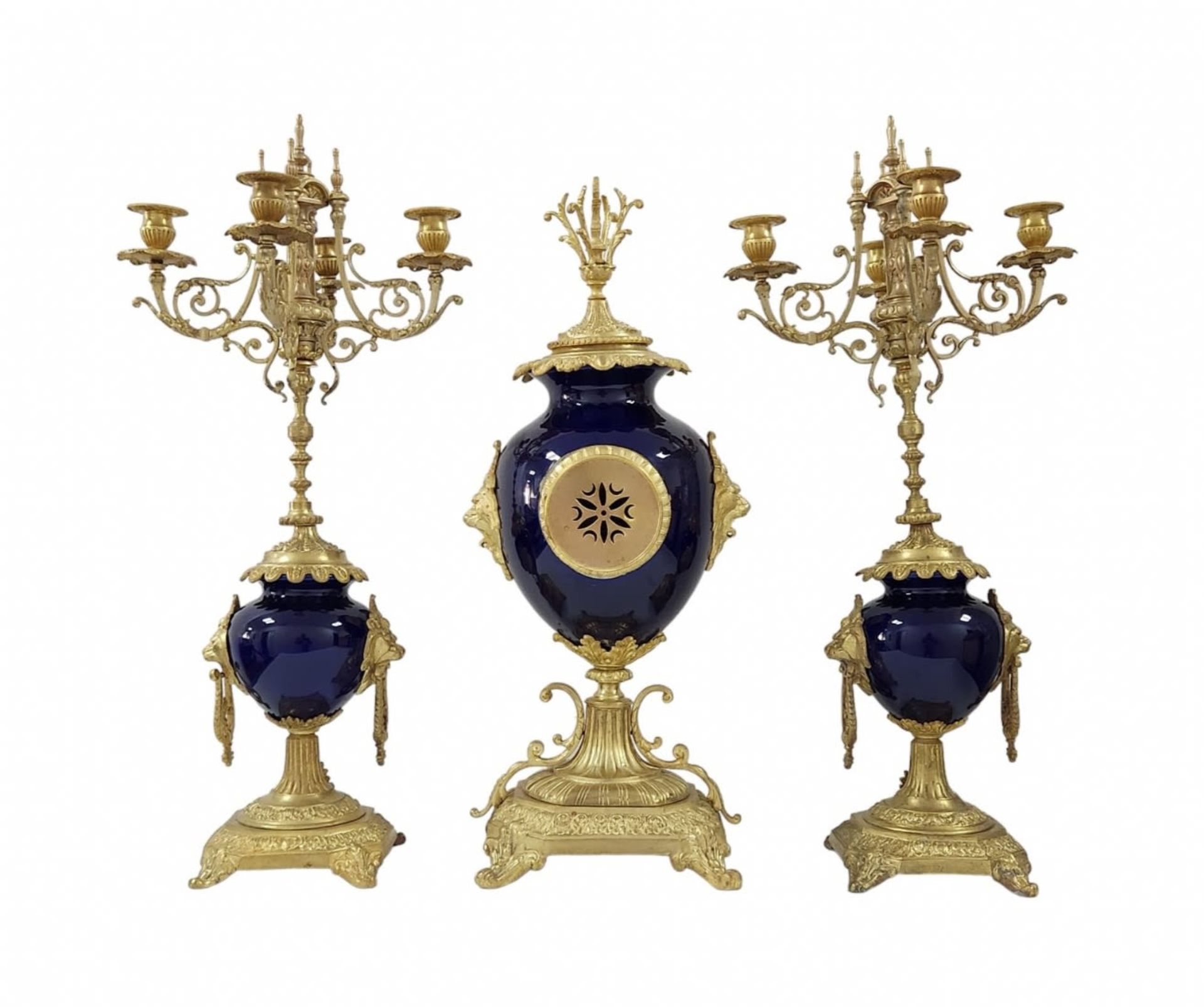 Antique French Garniture, impressively large and luxurious, includes a mantle clock and a pair of - Image 3 of 10