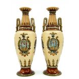 A pair of German vases made by 'Villeroy & Boch, Mettlach', made of majolica, signed, High