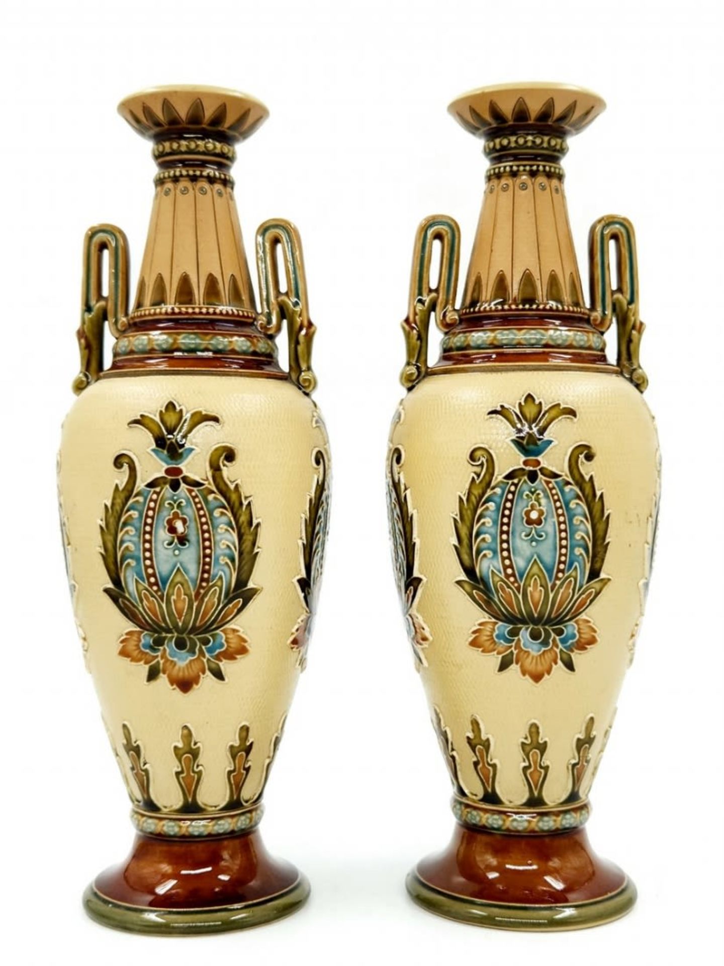 A pair of German vases made by 'Villeroy & Boch, Mettlach', made of majolica, signed, High