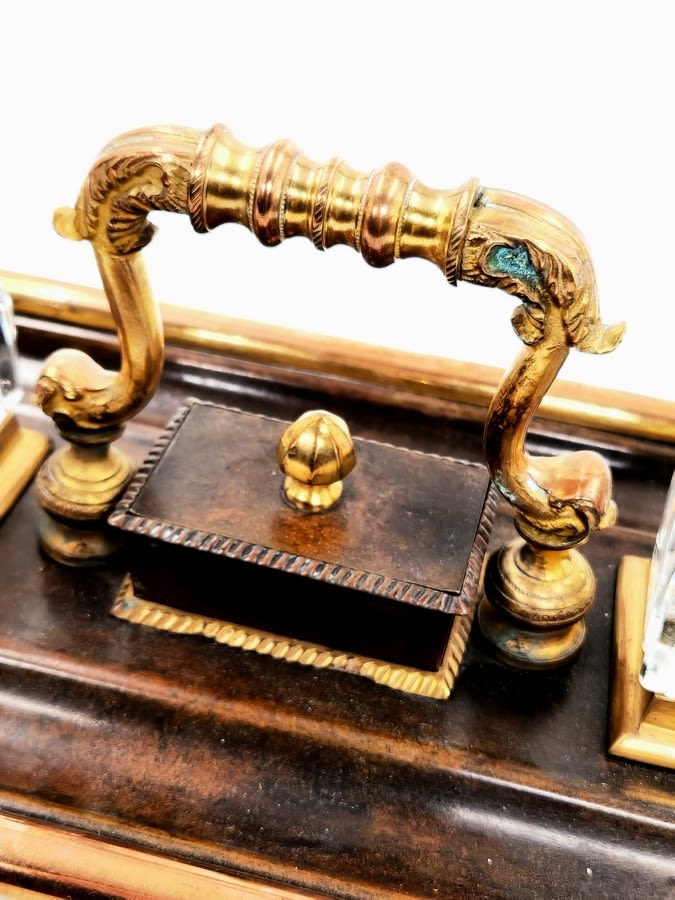 An antique double tabletop inkwell, brass and spelter, the ink wells themselves are made of glass, - Image 7 of 7