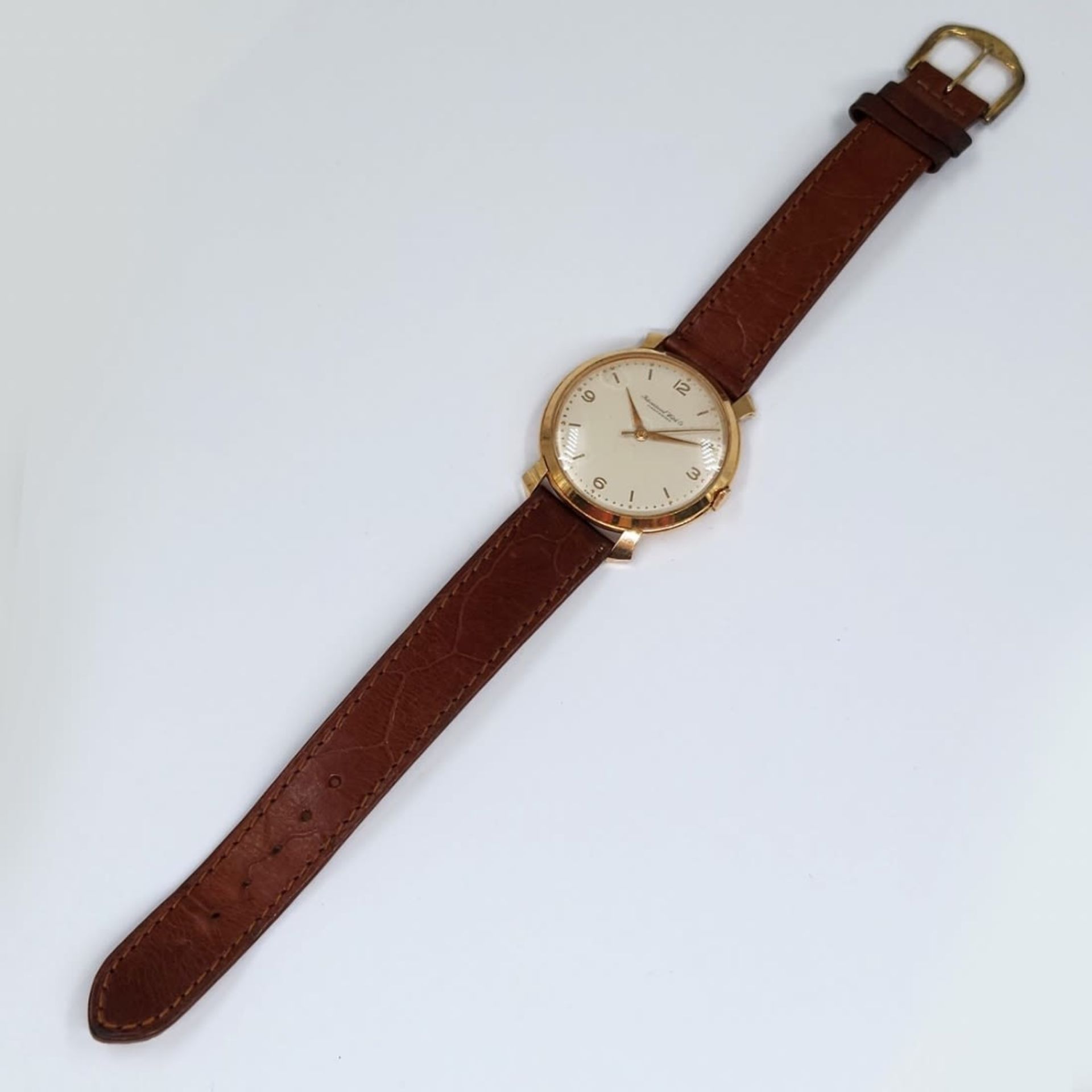 Wristwatch for men made by: 'Schaffhausen', 14k yellow gold, brown leather strap, working - Image 3 of 4