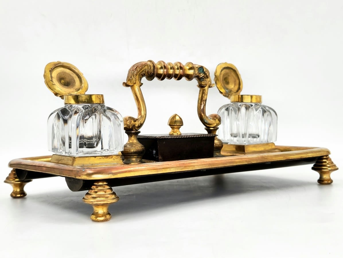 An antique double tabletop inkwell, brass and spelter, the ink wells themselves are made of glass, - Image 6 of 7