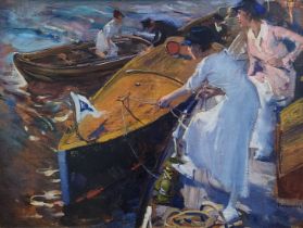 Pieter van der Hem - 'Two women tying a boat to the wharf' -, dutch painter, 1885-1961, oil on