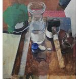 'Coffee, a hammer and a flowerpot on a table' - Koby Shachar, oil on canvas attached to a board,