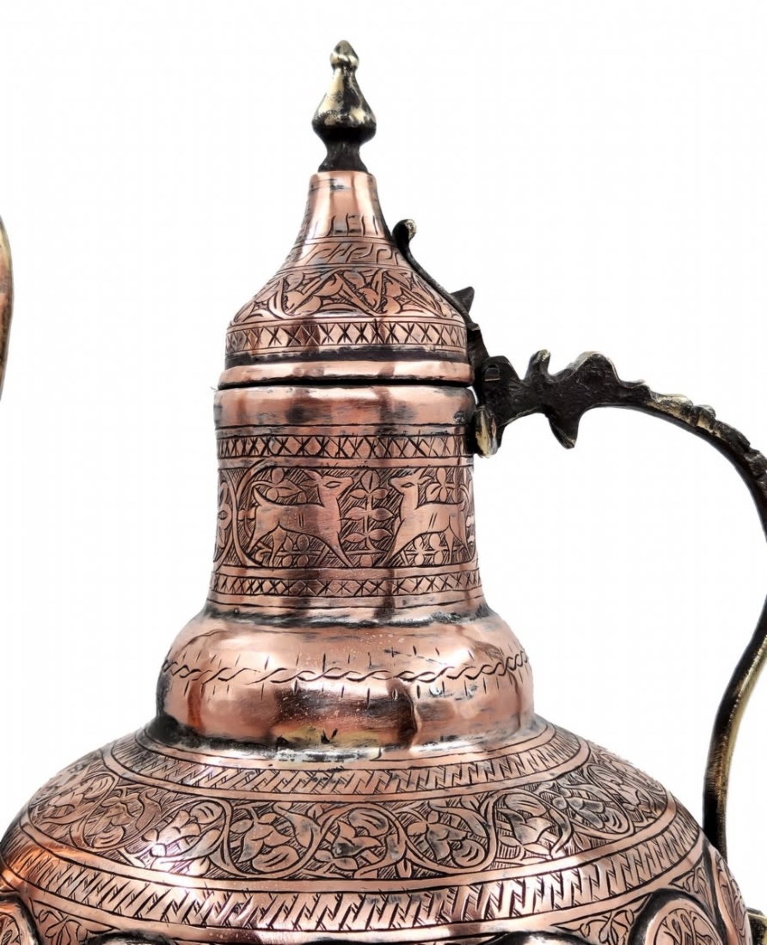 An antique Persian vessel, from the Qajar Dynasty period, made of copper and brass and decorated - Image 6 of 9
