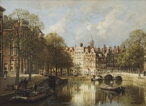 Karel Christiaan Johannes Klinkenberg - 'Boats near a bridge in Amsterdam' -, (Dutch painter, 1852-