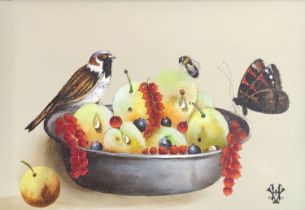 'A bird, a bee and a butterfly on a bowl of fruit' - Hans Verhoef, (Dutch painter, 1932-2012), oil