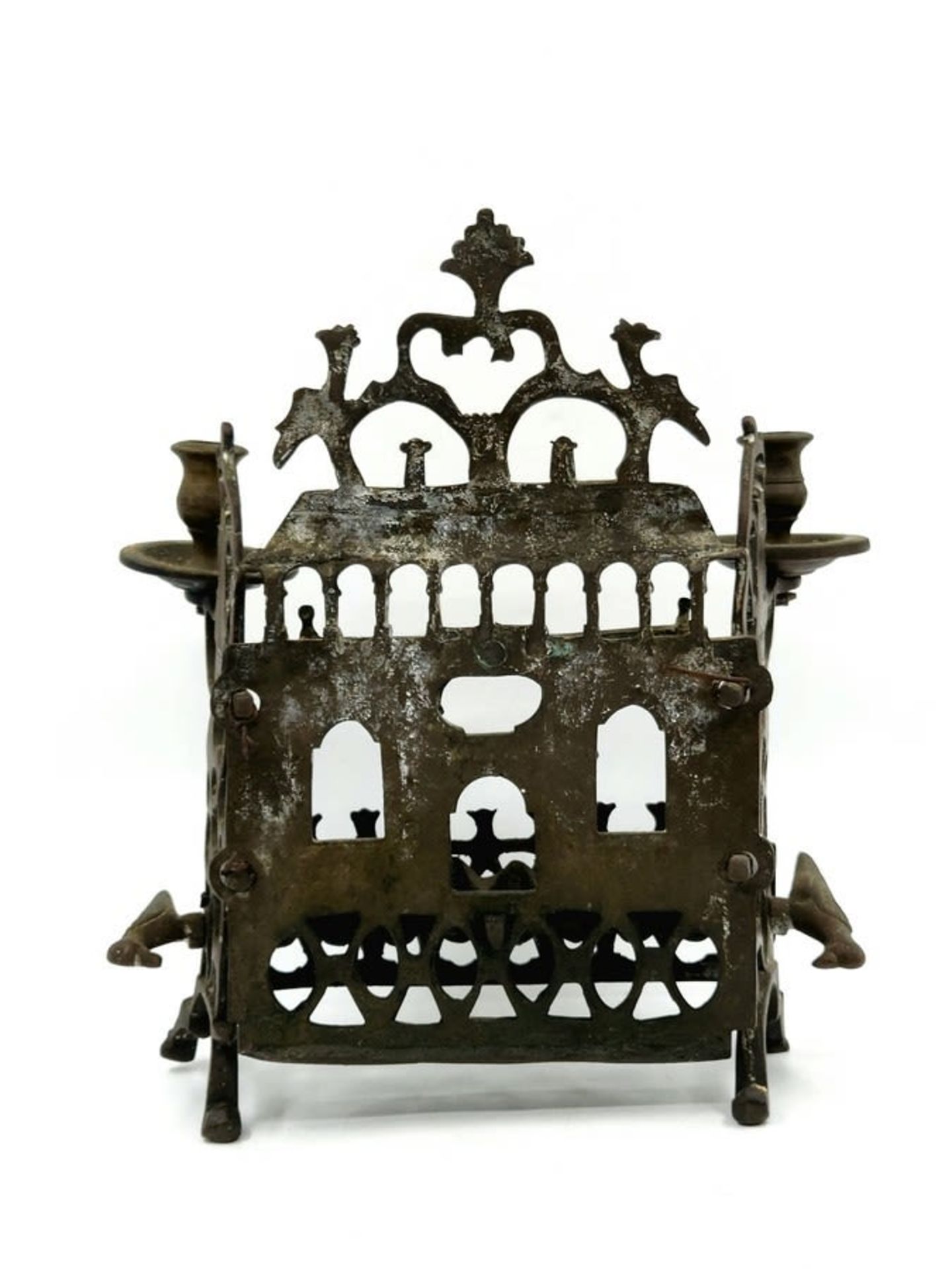 An antique menorah, 18th century, Eastern Europe (apparently Poland), made of bronze, the back is - Image 4 of 5