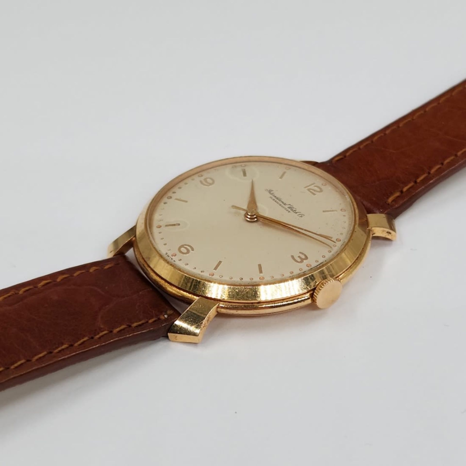 Wristwatch for men made by: 'Schaffhausen', 14k yellow gold, brown leather strap, working - Image 2 of 4