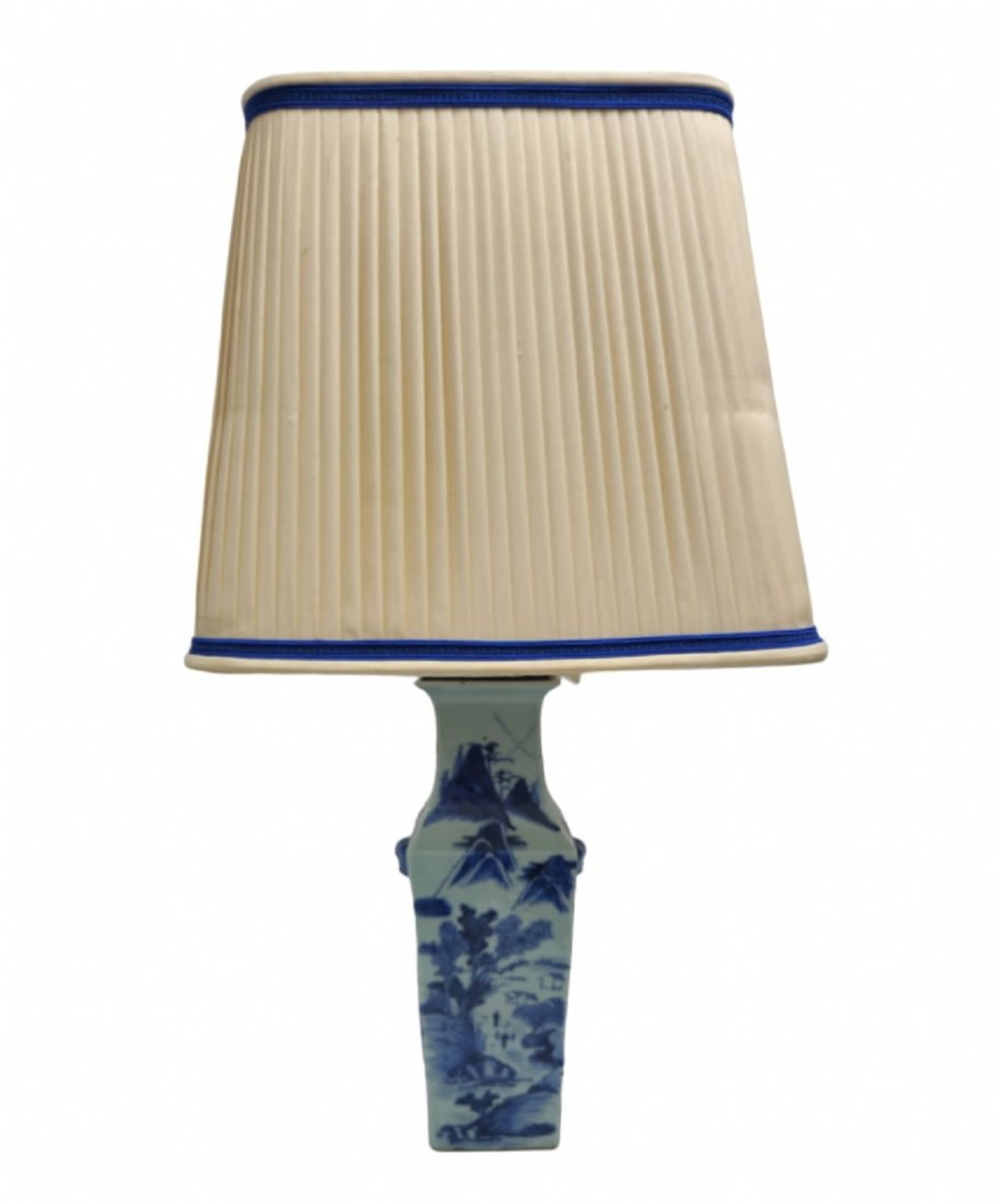 Chinese base (leg) for a table lamp, a square blue and white porcelain jug, wooden base and