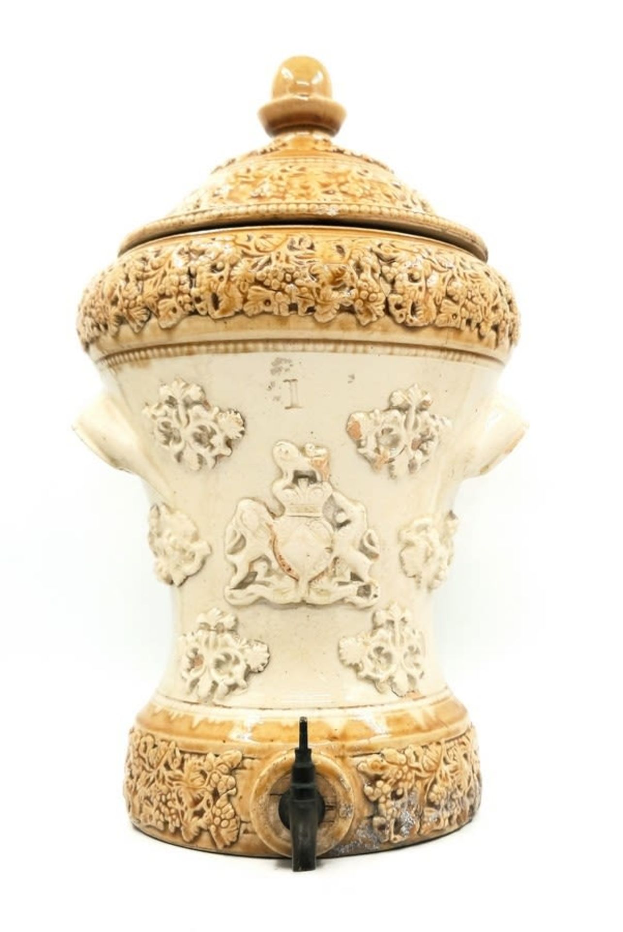 Antique English water tank from the 19th century, made of ceramic, cork stopper and metal faucet, - Image 2 of 11