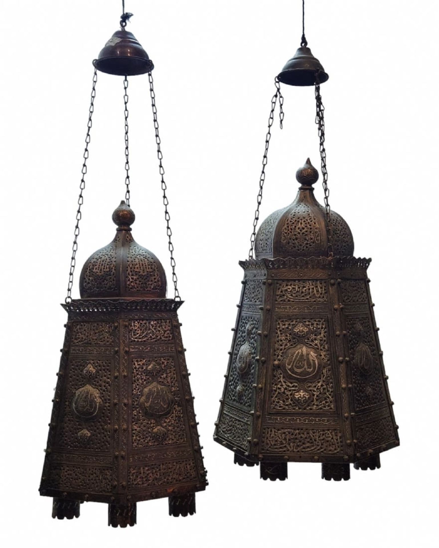 A pair of Islamic mosque lamps, impressive and high-quality lamps, made in Damascene Work, (inlay of - Bild 3 aus 3