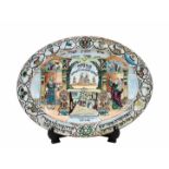 Judaica tray made of porcelain, decorated with hand drawings and Hebrew inscription in polychrome