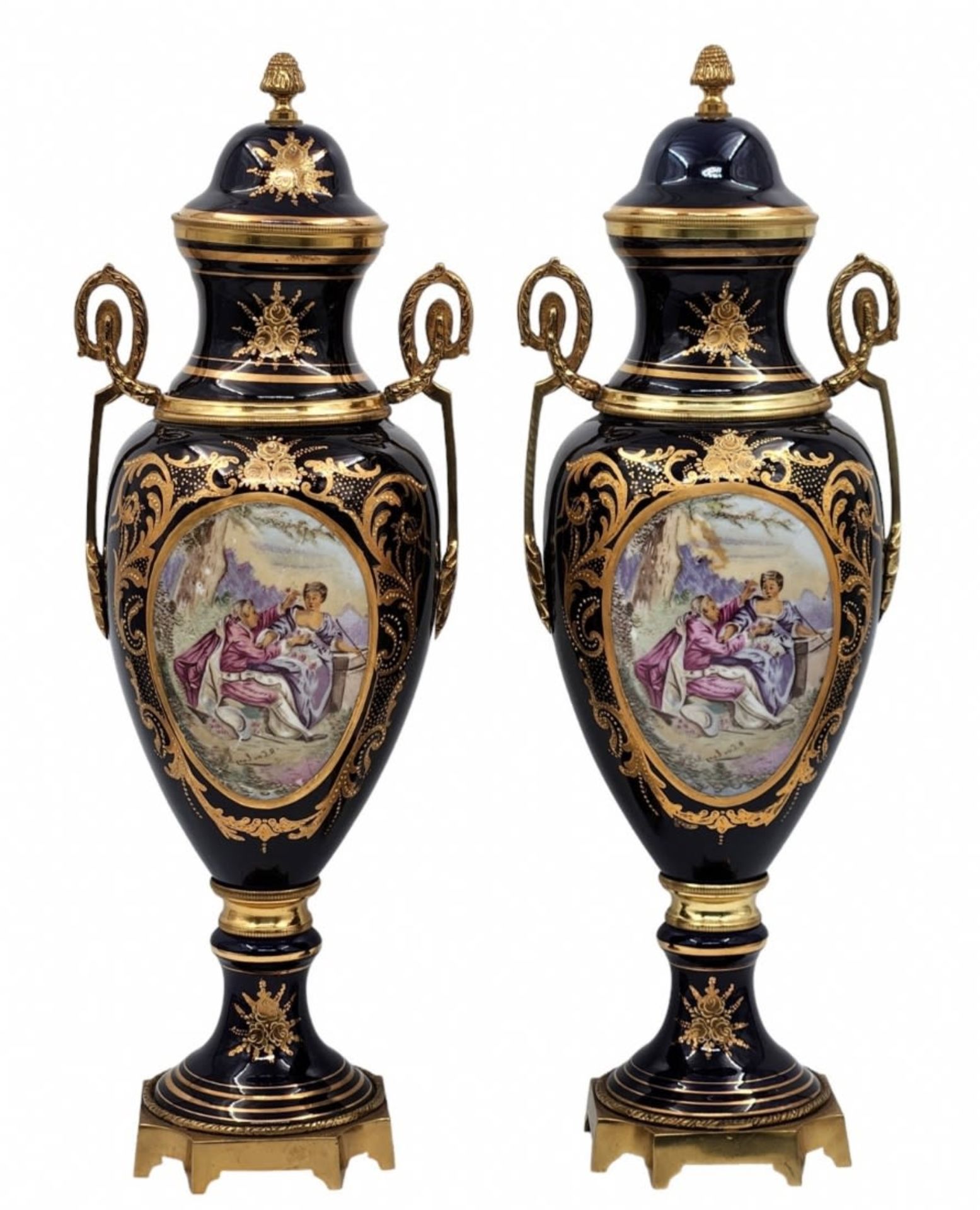 A pair of old, beautiful and impressive French vases in the 'Sevres' style, made of porcelain,