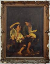 'Two beggar children eating fruit' - antique painting, based on Bartolomé Esteban Muri, oil on