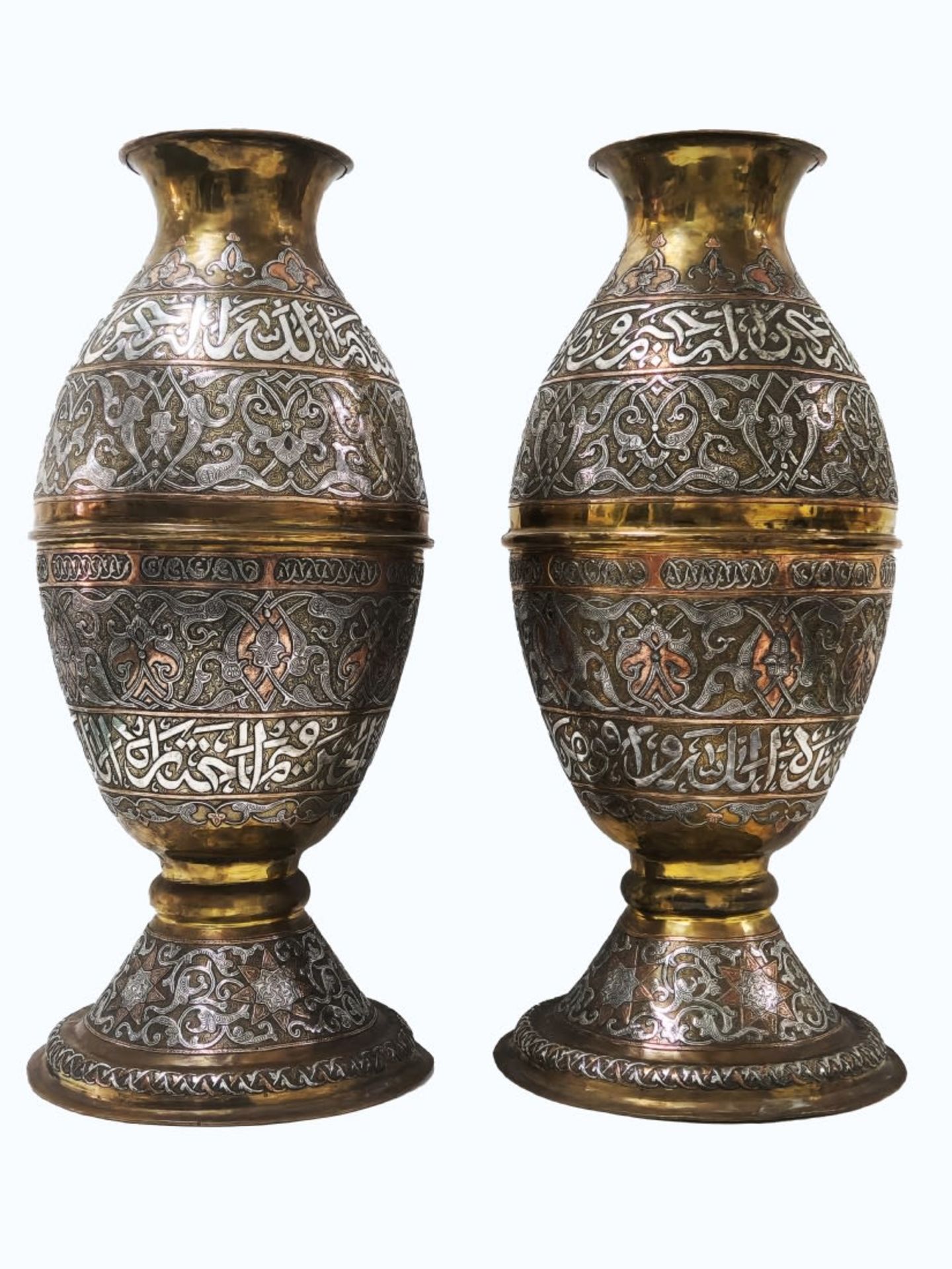 A pair of Islamic vases, impressive and high-quality decorative, made in Damascene Work, (inlay of
