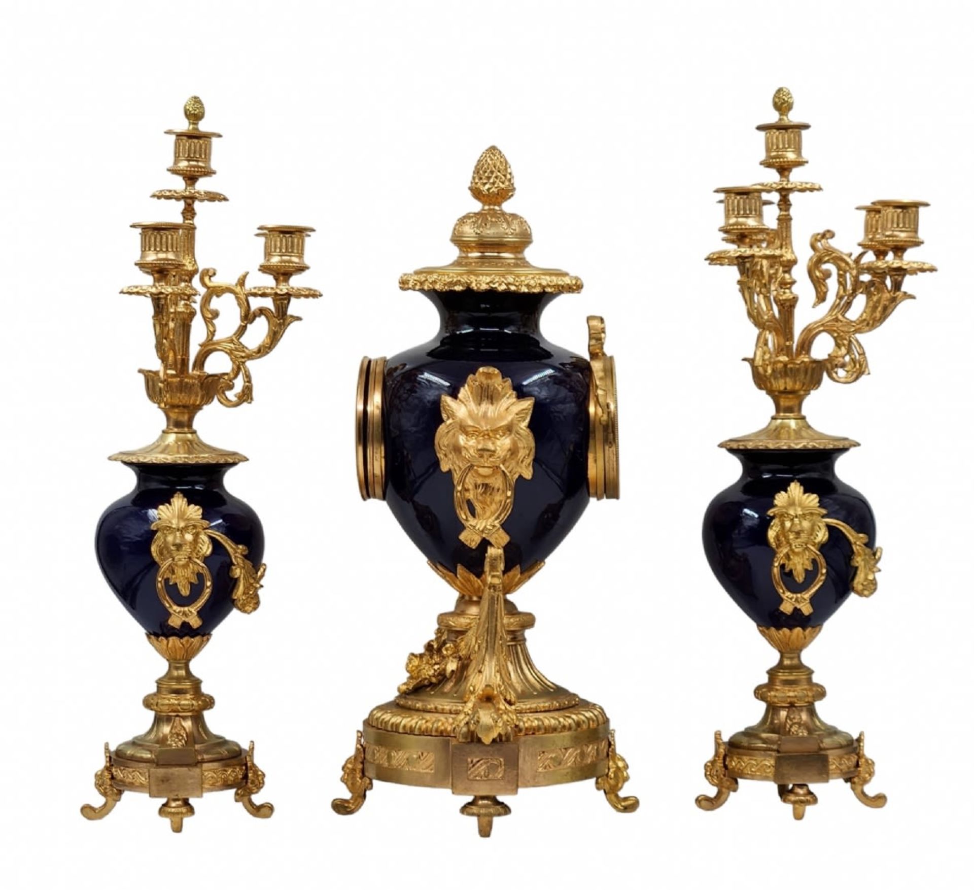 French Garniture set, from the 19th century, louis XVI or Louis XV style, includes: a mantle clock - Image 2 of 14