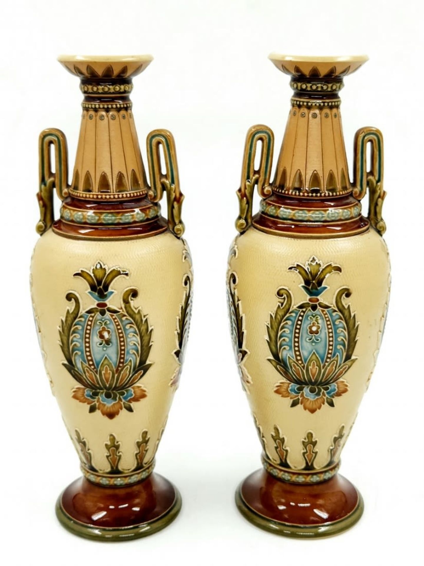 A pair of German vases made by 'Villeroy & Boch, Mettlach', made of majolica, signed, High - Image 4 of 6
