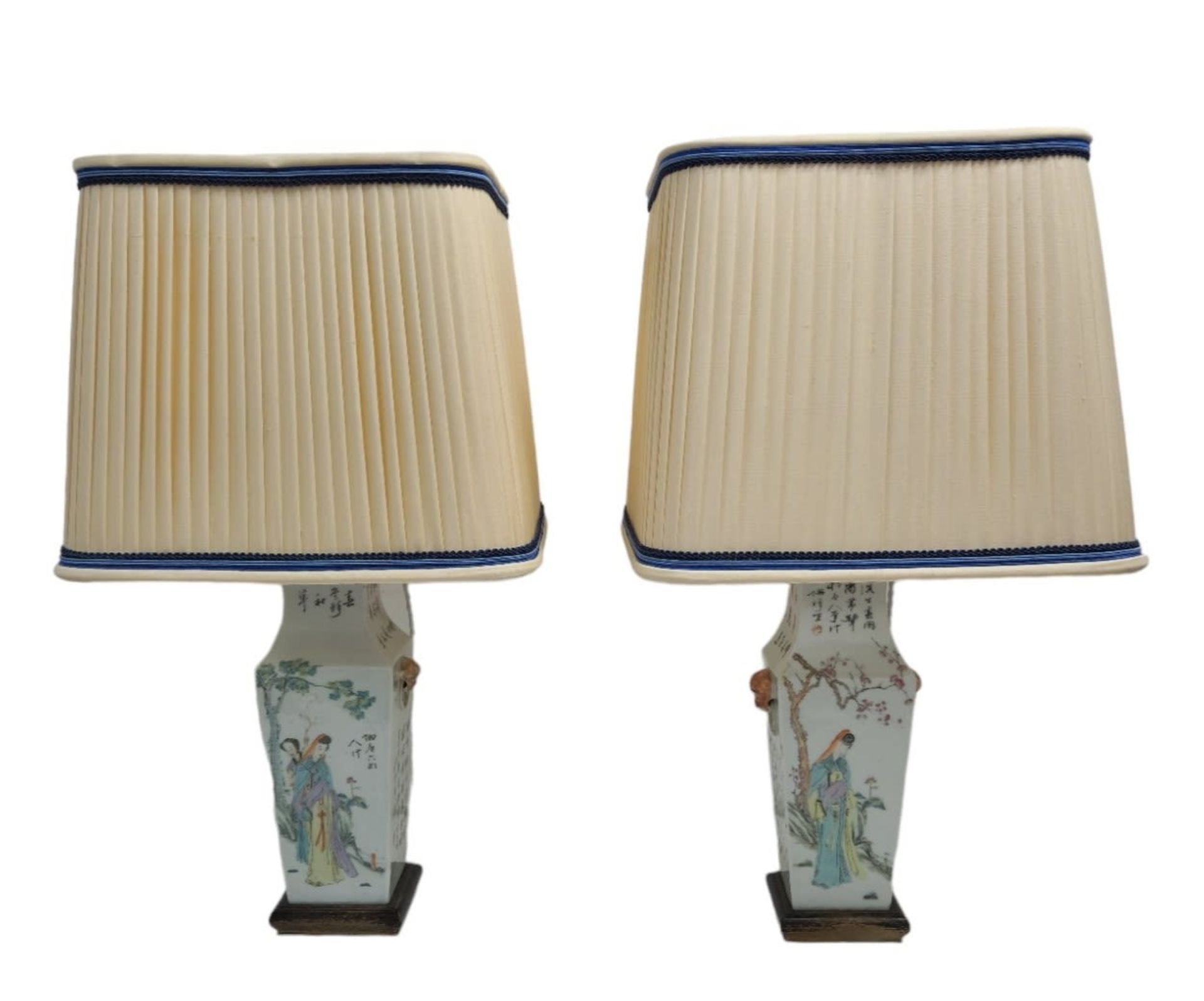 A pair of Chinese bases (legs) for table lamps, square porcelain pots, including wooden bases and