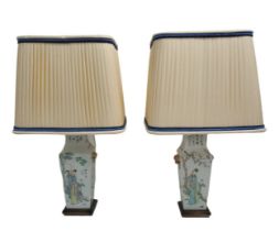 A pair of Chinese bases (legs) for table lamps, square porcelain pots, including wooden bases and